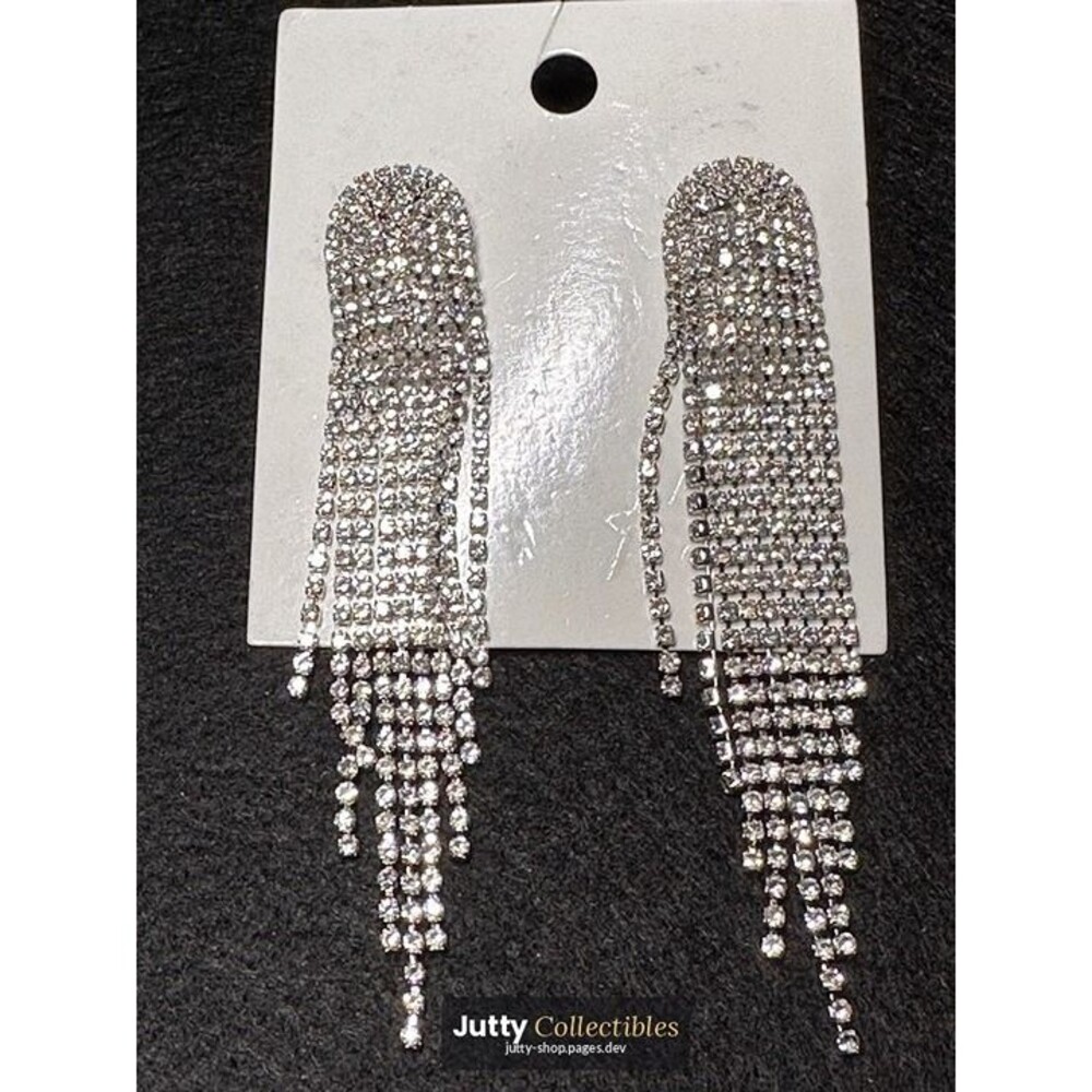 silver rhinestone fringe tassel drop earrings statement boho nwt